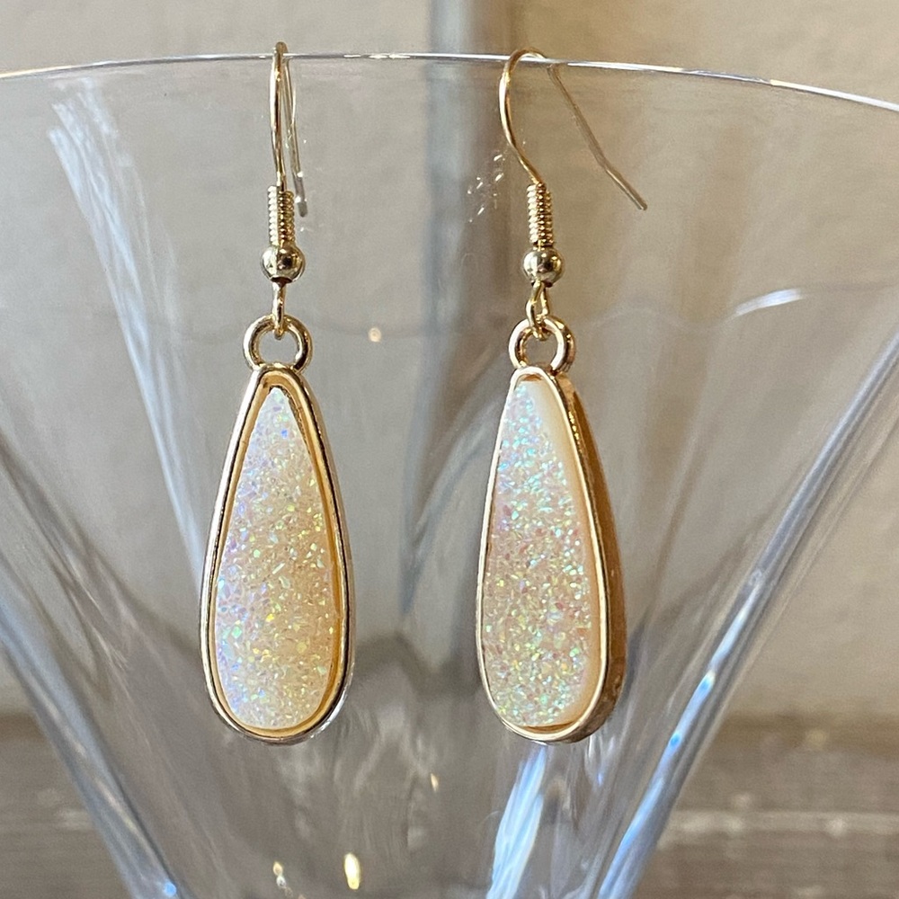 Elegant Gold and Cream Sparkly Drop Earrings